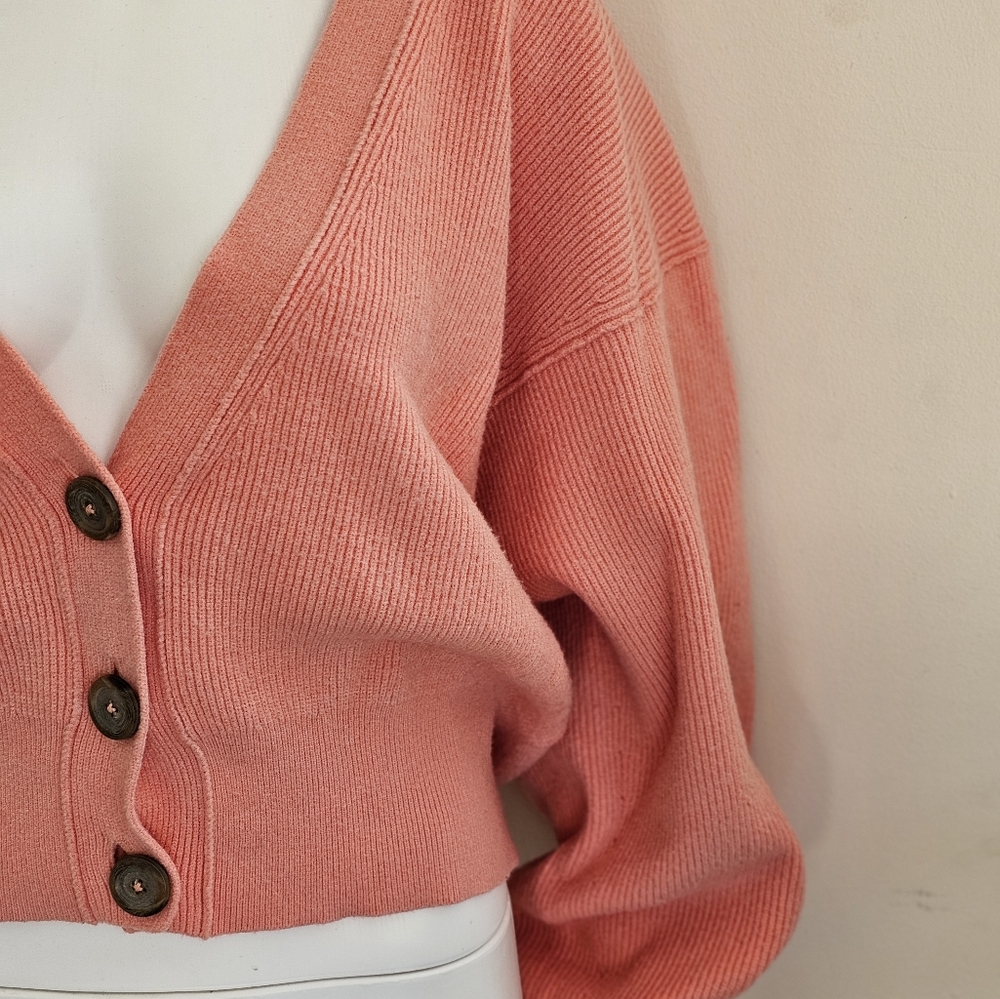 Free People Big Plans Ribbed Cardigan Sweater - Size Large - Peach/Coral - Picture 6 of 15
